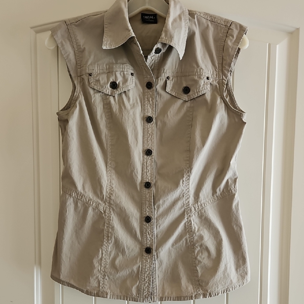 Tribal Khaki Safari Utility Minimalist Neutral Vest, Extra Small
